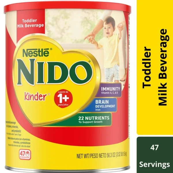 NIDO Kinder 1+ Powder Beverage Mix, Immunity Toddler Milk with Vitamins A, C, D, Iron to Support Growth, 56.3 oz Canister