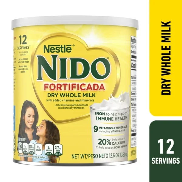 NIDO Fortificada Dry Whole Milk Powder with Vitamins A, C, D, Iron & Calcium, 12.6 oz Canister