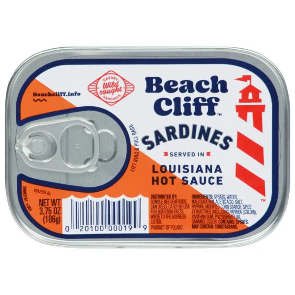 Beach Cliff Wild Caught Sardines in Louisiana Hot Sauce, Gluten Free, 11g Protein Per Serving, Shelf Stable Tin Can, 3.75 oz 4 stars out of 112 reviews (4.0)| 112 ratings