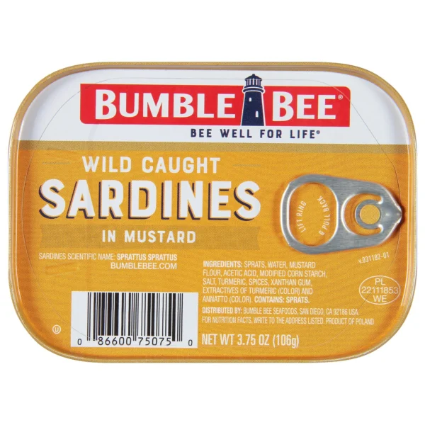 Bumble Bee Wild Caught Sardines in Mustard Sauce, Gluten Free, 18g Protein Per Serving, Kosher, Shelf Stable Tin Can, 3.75 oz