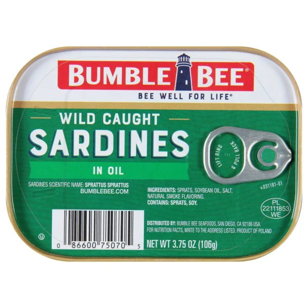 Bumble Bee Sardines in Oil, Gluten Free Food, High Protein Snacks, 3.75 oz. Can