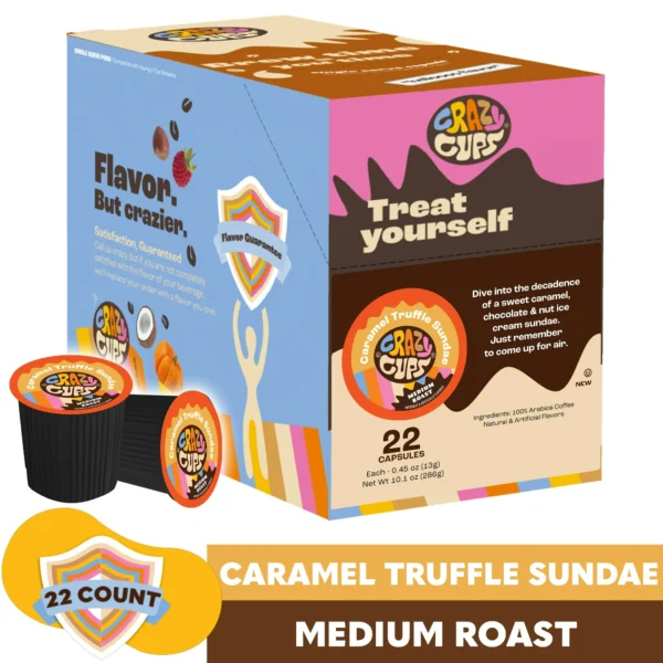 Crazy Cups Caramel Truffle Sundae Coffee Pods, Medium Roast, 22 Count For Keurig K Cup Machines