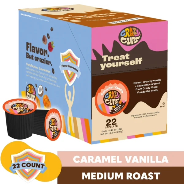 Crazy Cups Caramel Vanilla Coffee Pods, Medium Roast, 22 Count for Keurig K Cups Machines