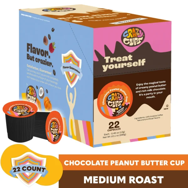 Crazy Cups Chocolate Peanut Butter Cup coffee pods, medium roast, 22 count for Keurig K Cups Machines