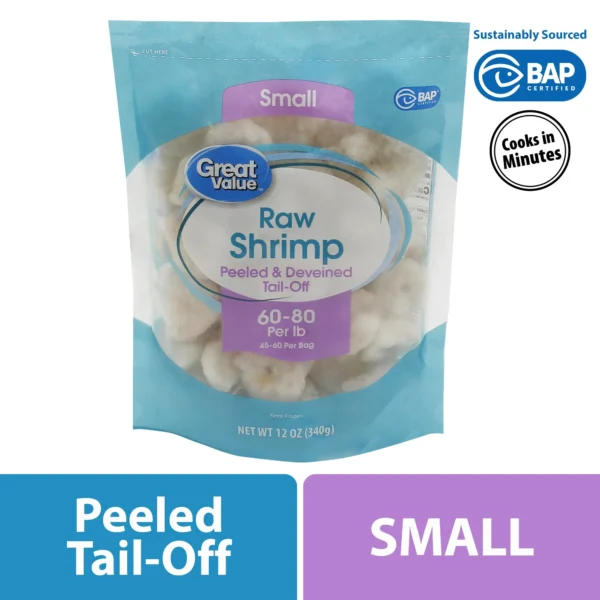 Great Value Frozen Raw Small Peeled & Deveined, Tail-off Shrimp, 12 oz Bag (60-80 Count per lb)