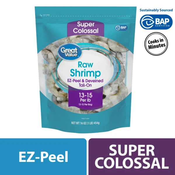 Great Value Frozen Raw Super Colossal Shell-on Tail-on Easy Peel Shrimp, 16 oz Bag (13-15 Count per lb)