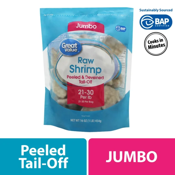 Great Value Raw Jumbo Tail-off Shrimp, 16 oz Bag (21-30 Count per lb) (Frozen)