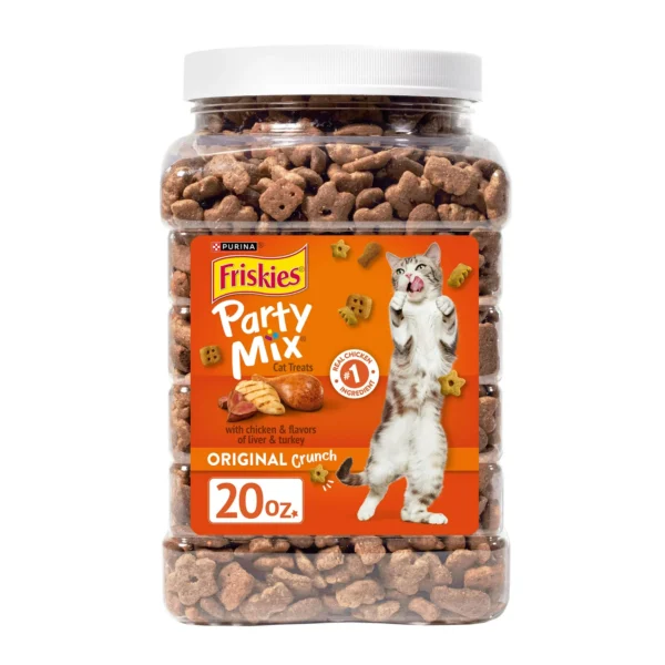 Purina Friskies Party Mix Original Crunch, Cat Treats, Chicken, Liver, & Turkey, 20 oz Canister